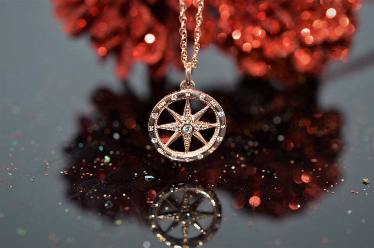 14K Rose Gold Diamond Compass Necklace on an 18&quot; Chain