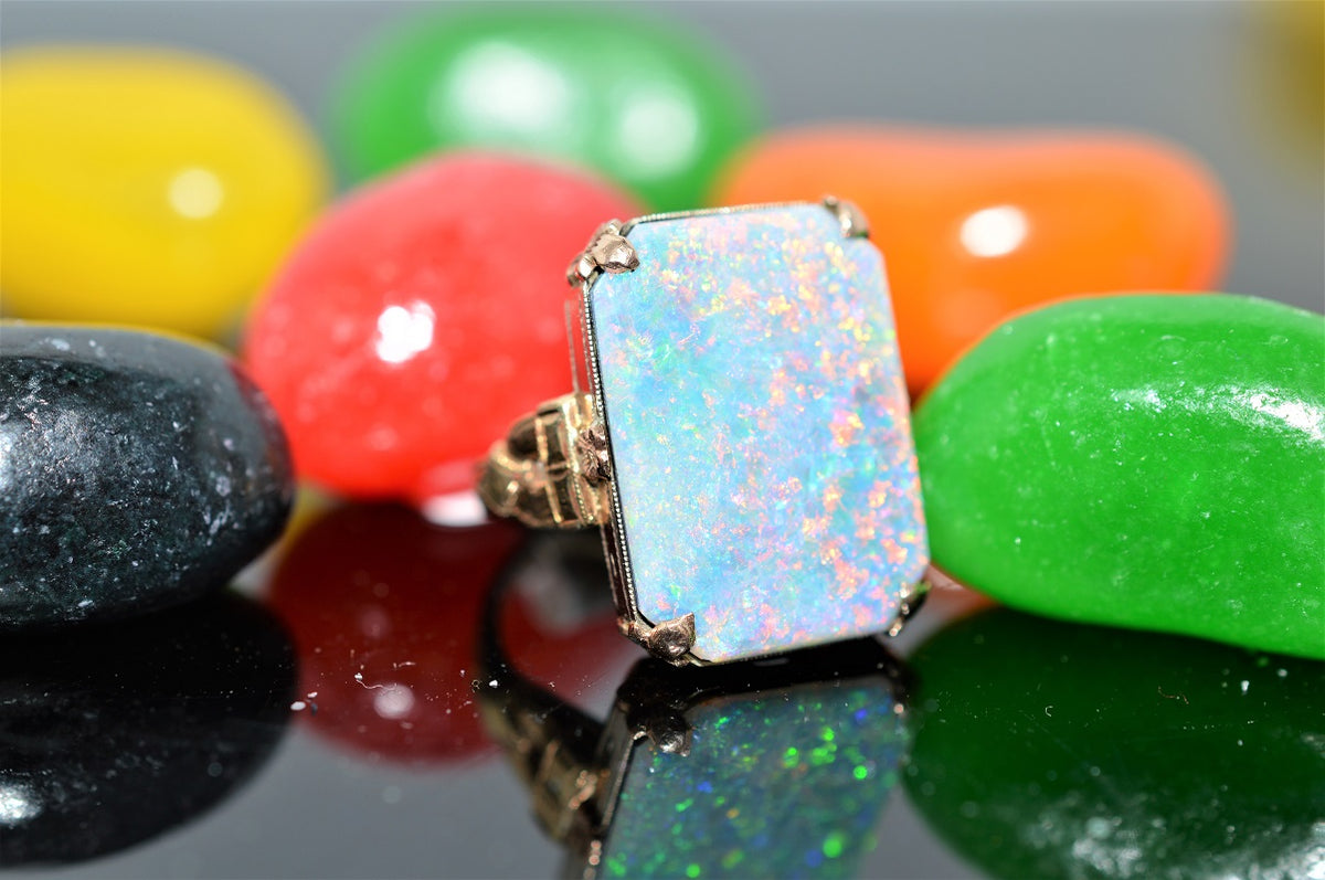 Antique 14K Yellow Gold Octagonal Opal Doublet Ring