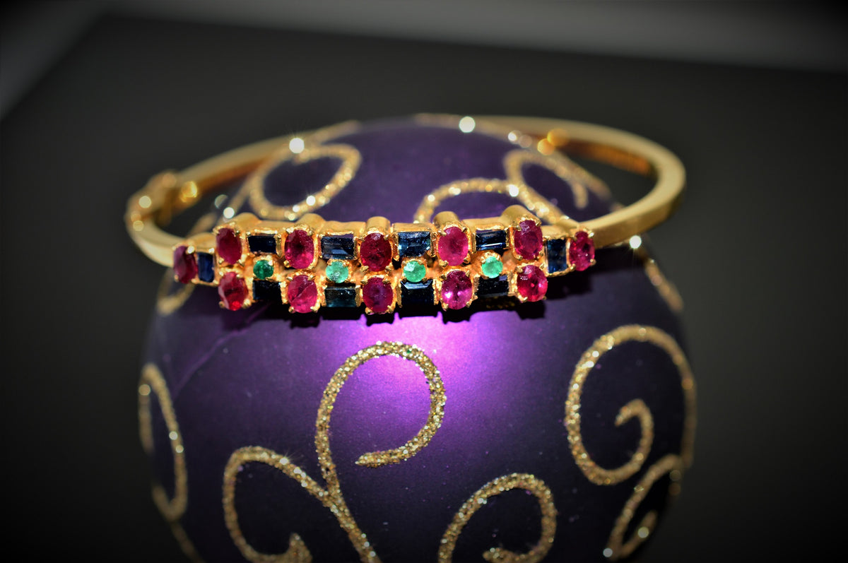 22K Yellow Gold Sapphire, Ruby, and Emerald Bangle Bracelet