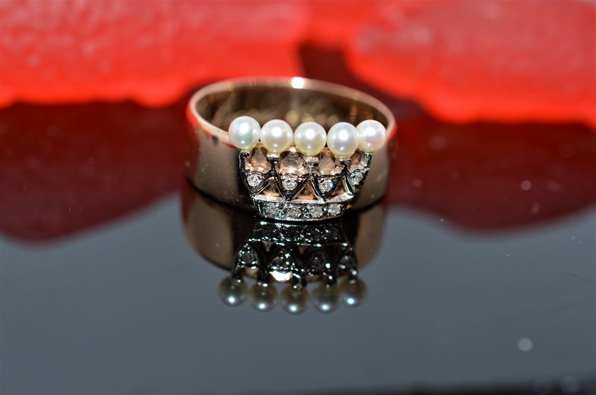 14K Yellow Gold Antique Pearl and Diamond &#39;Shin&quot; Ring