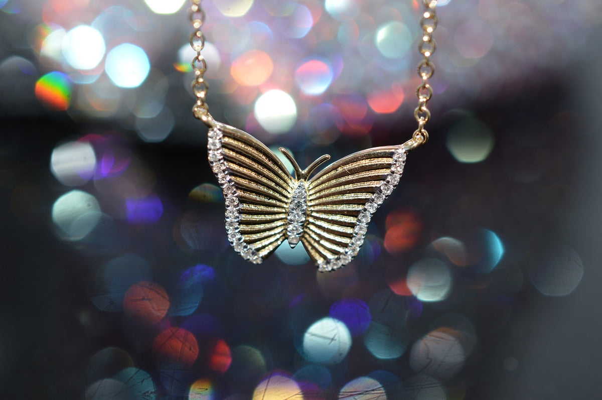 14K Two Tone Adjustable Diamond Butterfly Necklace