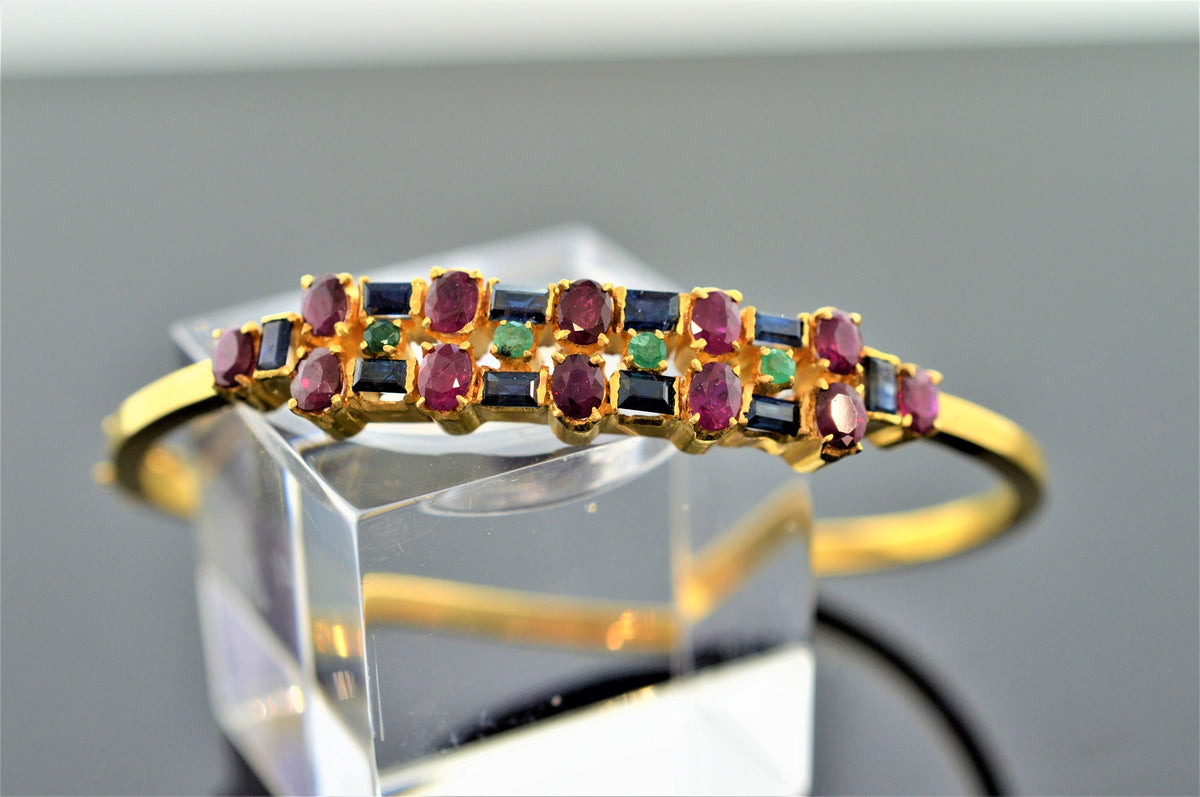 22K Yellow Gold Sapphire, Ruby, and Emerald Bangle Bracelet