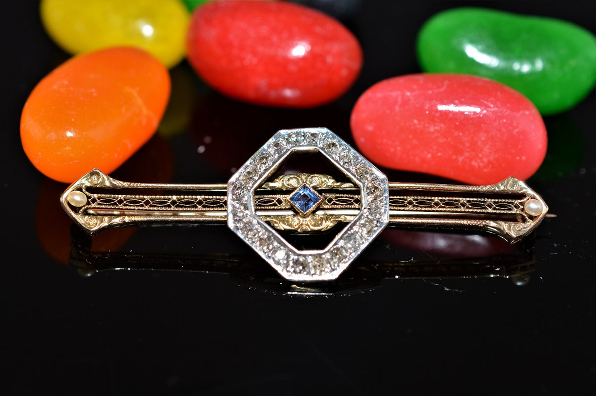 Platinum Topped 10K Yellow Gold Sapphire 2.5&quot; Bar Pin