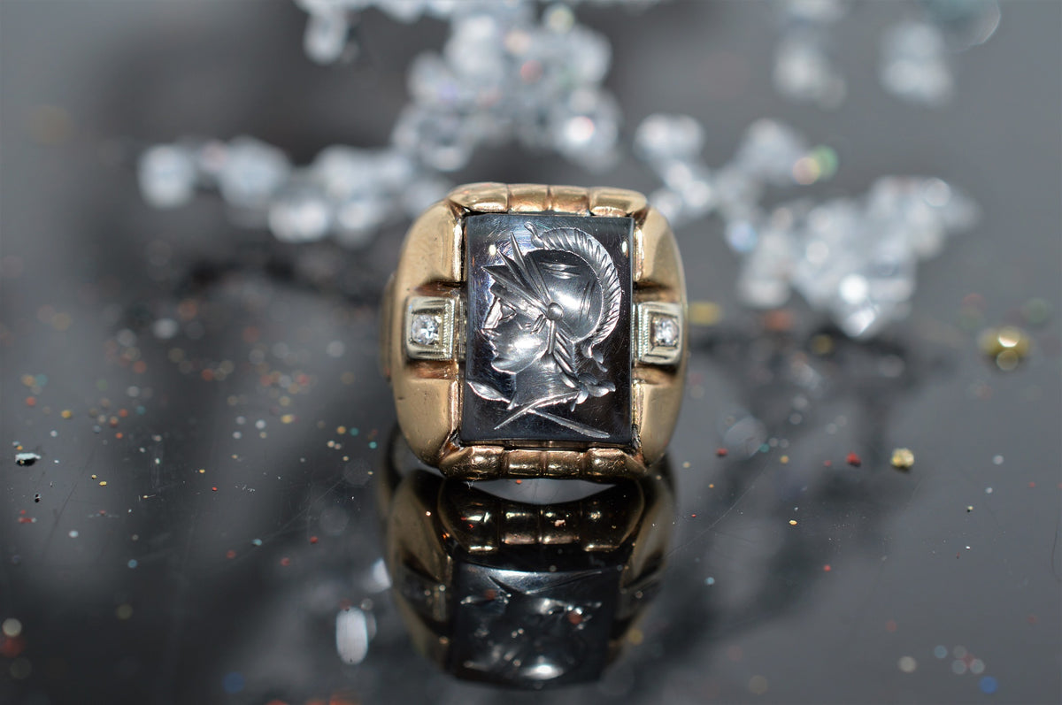 10 Karat Men&#39;s Hematite Intaglio and Diamond Gold Ring