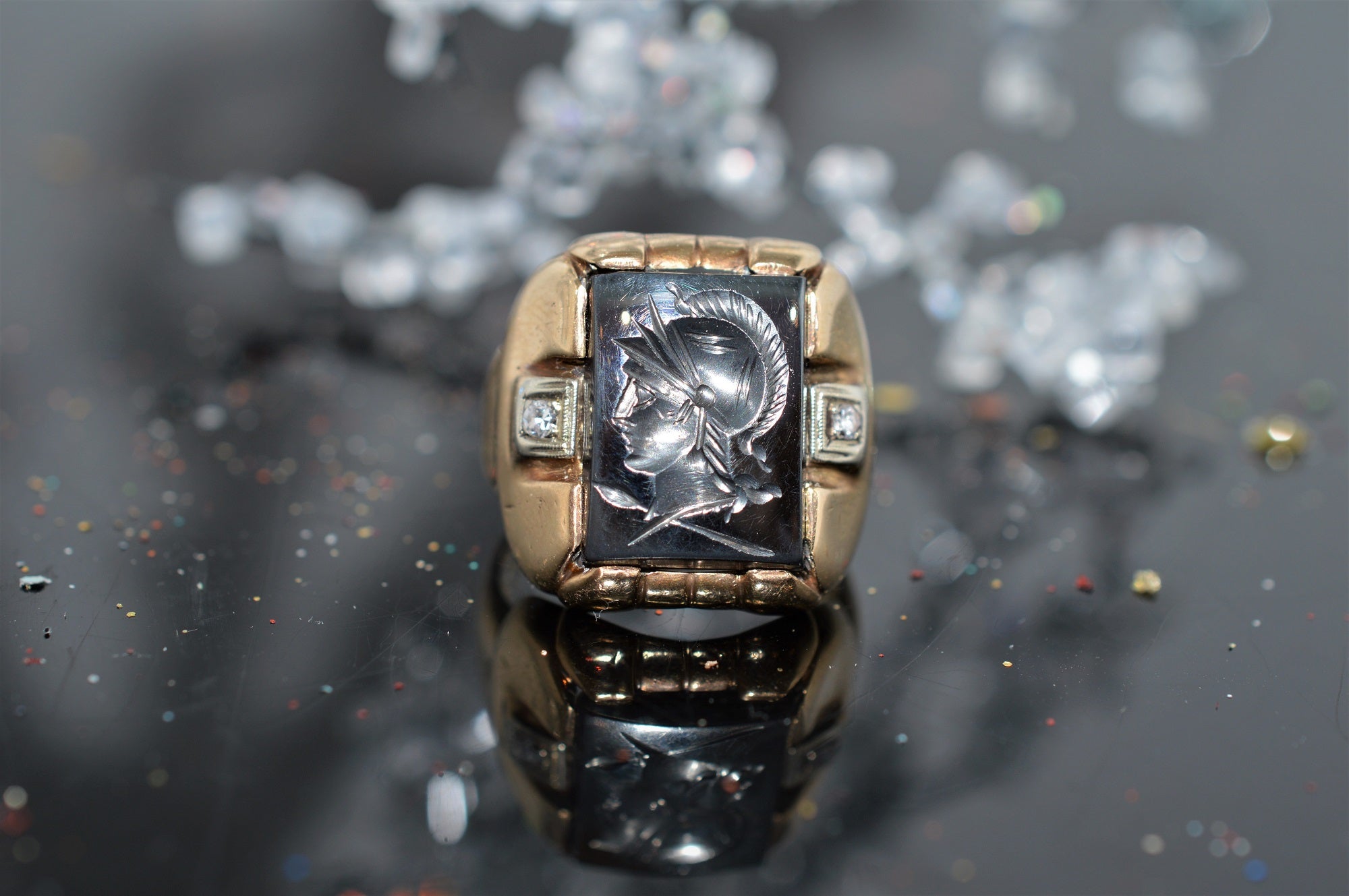 10 Karat Men's Hematite Intaglio and Diamond Gold Ring