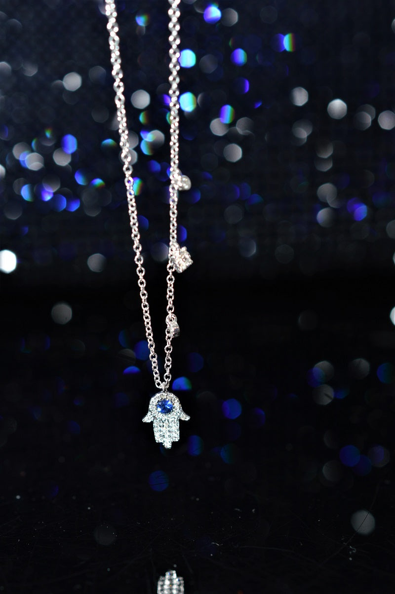 14K White Gold Diamond and Sapphire Hand Of Fatima Necklace