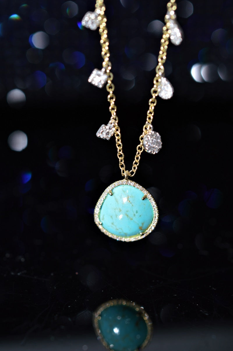 14K Freeform Turquoise and Diamond Charm Adjustable Necklace
