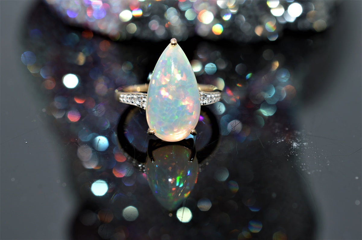 14K Yellow Gold Teardrop Shaped Ethiopian Opal Ring
