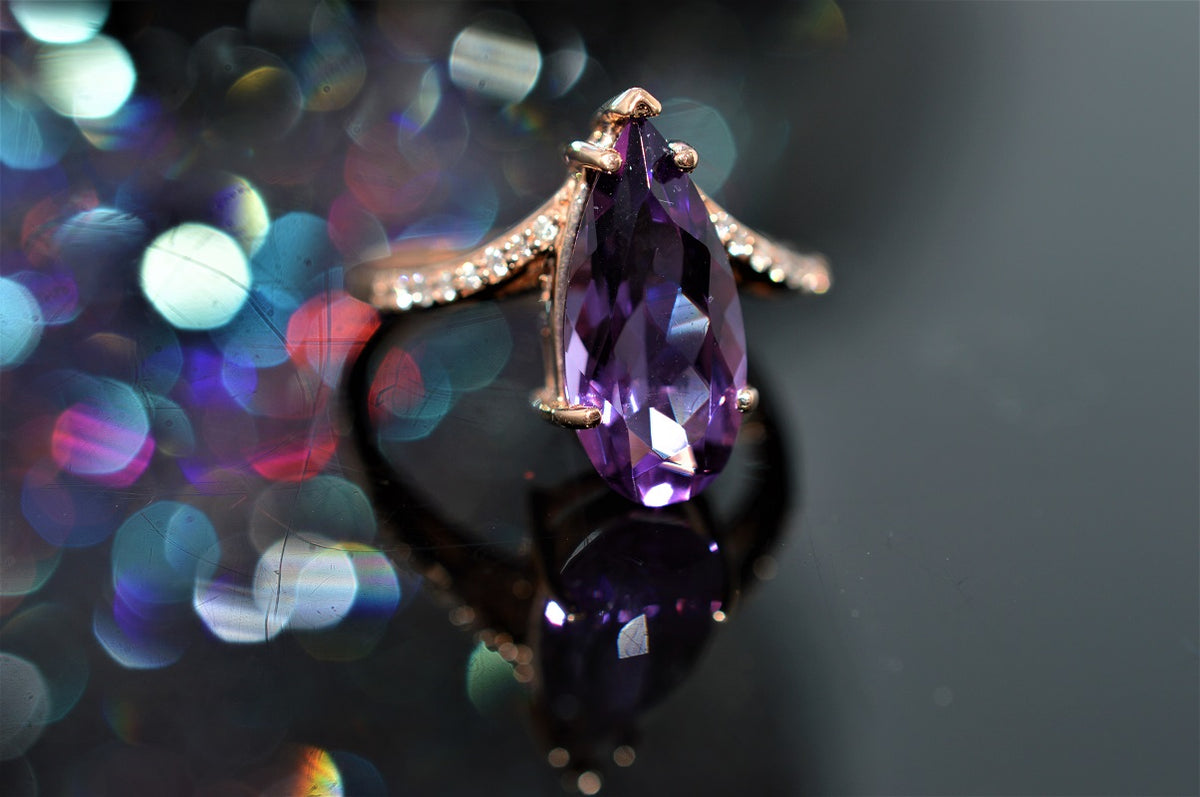 10K Rose Gold Teardrop Shape Amethyst and Diamond Ring
