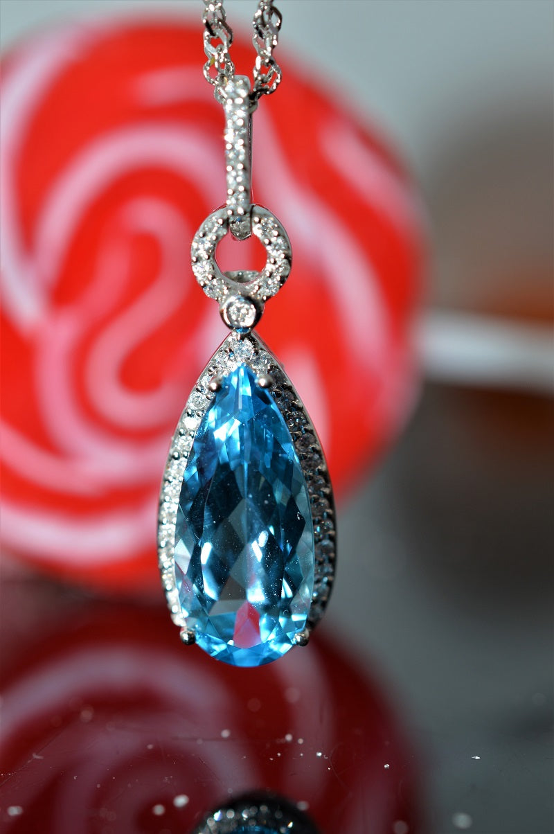 14K White Gold Teardrop Blue Topaz and Diamond Pendant