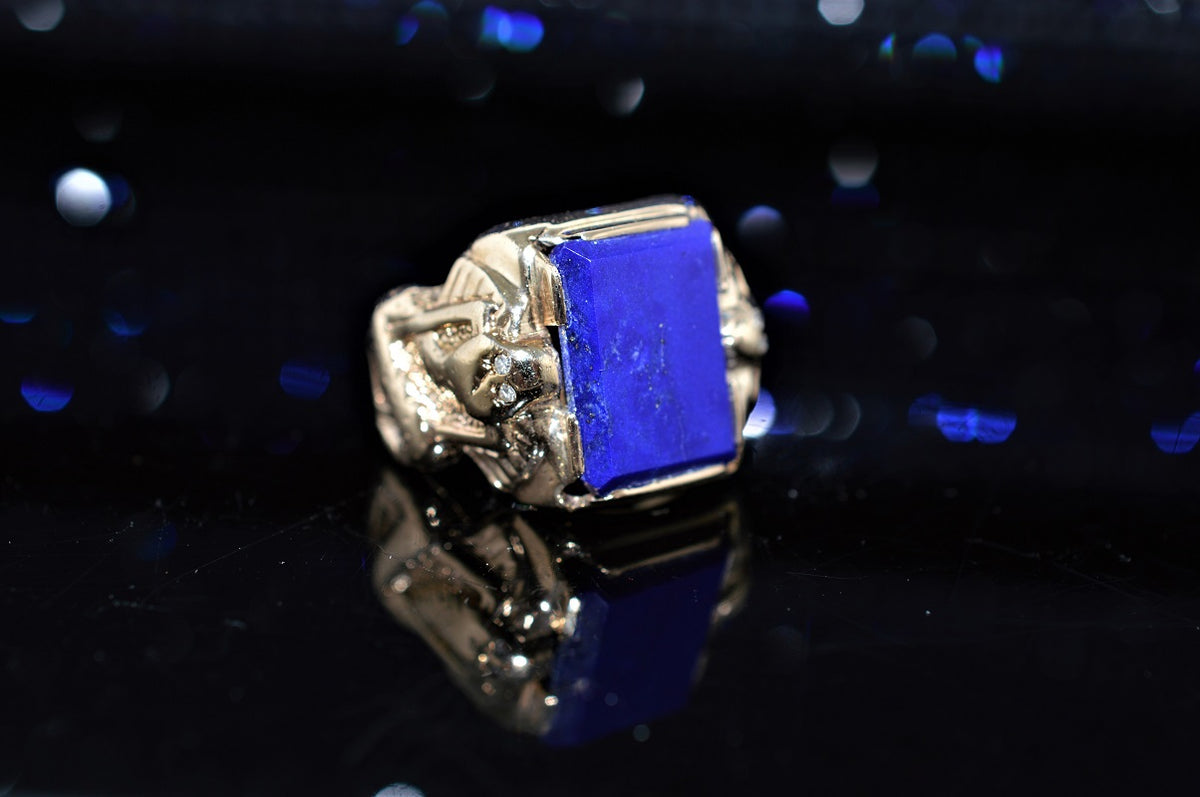 10K Yellow Gold Rectangular Lapis Lazuli Gents Ring