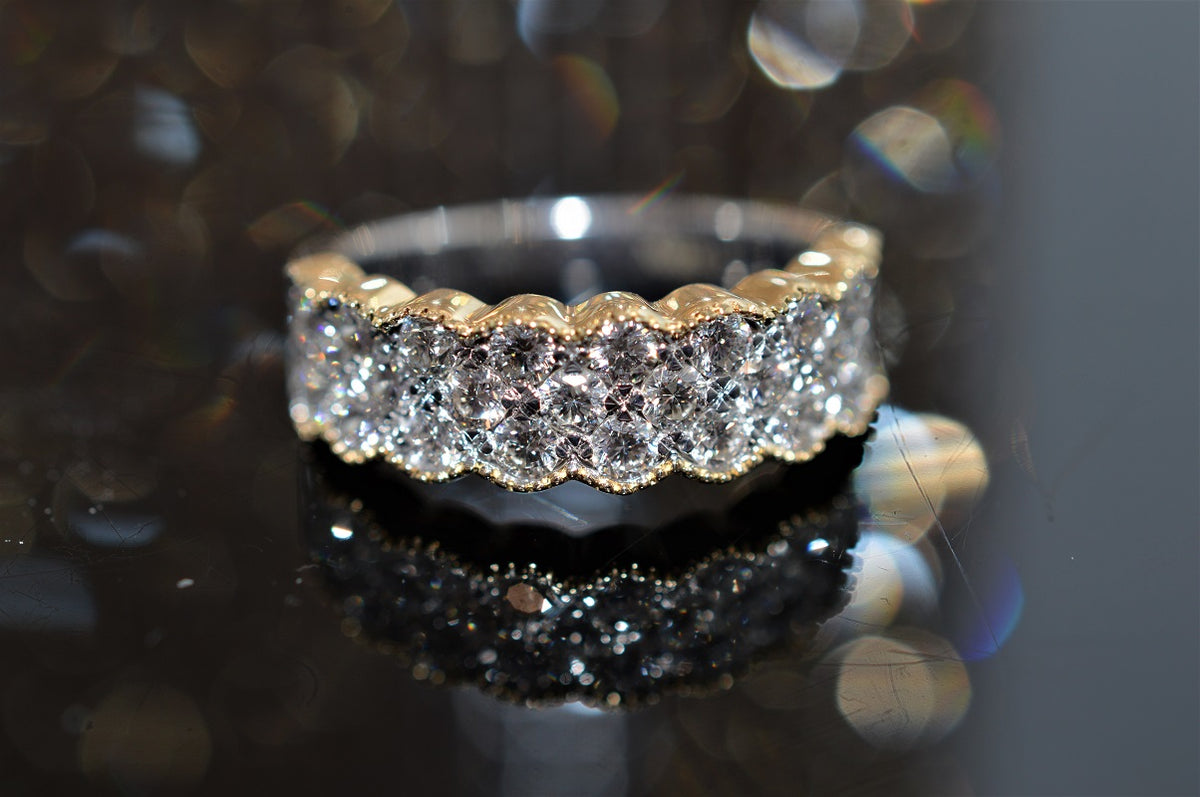 14K Two Toned Wide Diamond Band with Scalloped Edges