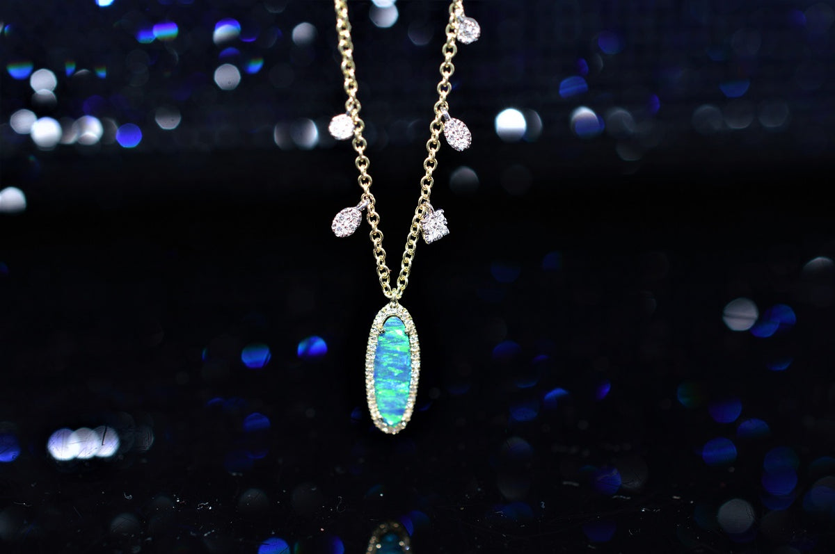 14K Yellow Gold Adjustable Opal and Diamond Pendant