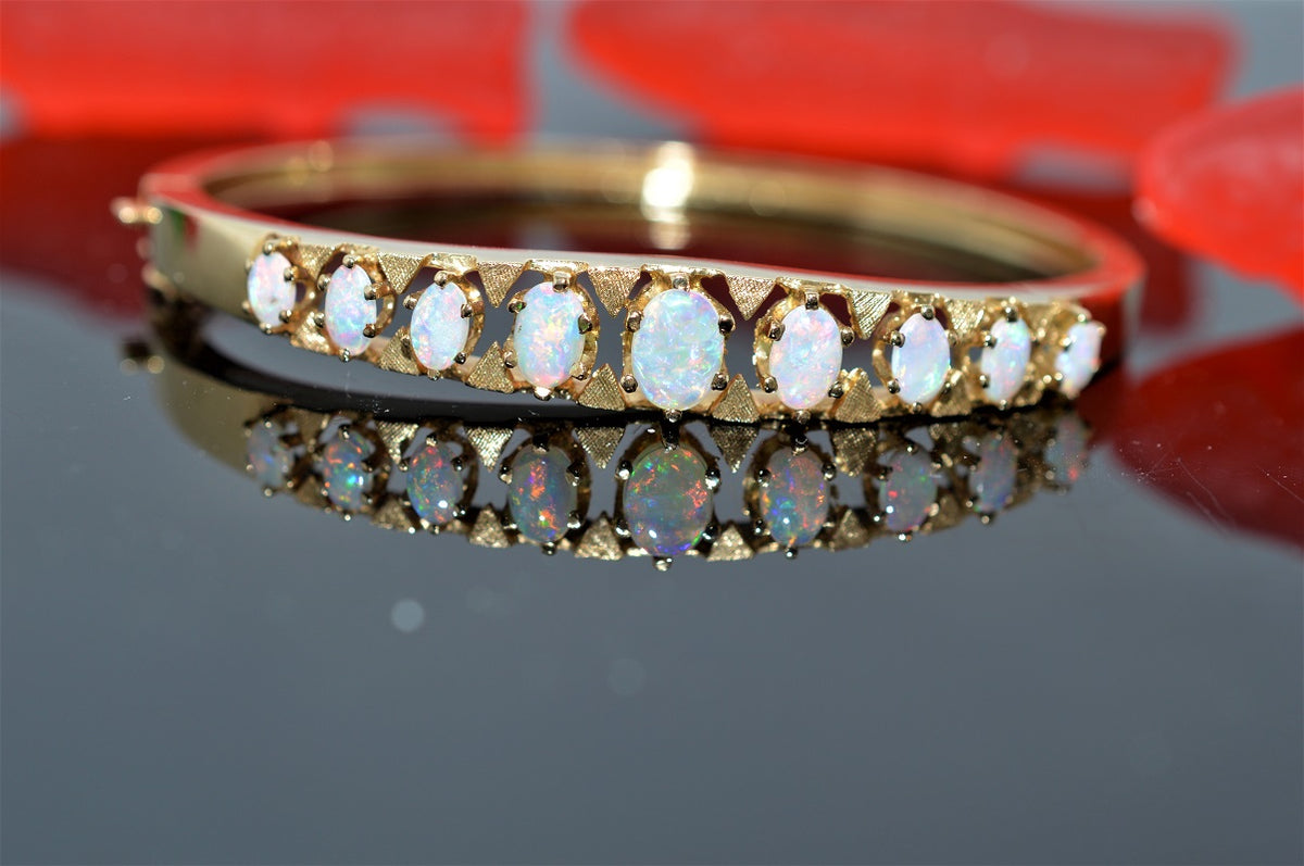 14K Yellow Gold 9 Oval Cabochon Opal Bangle Bracelet