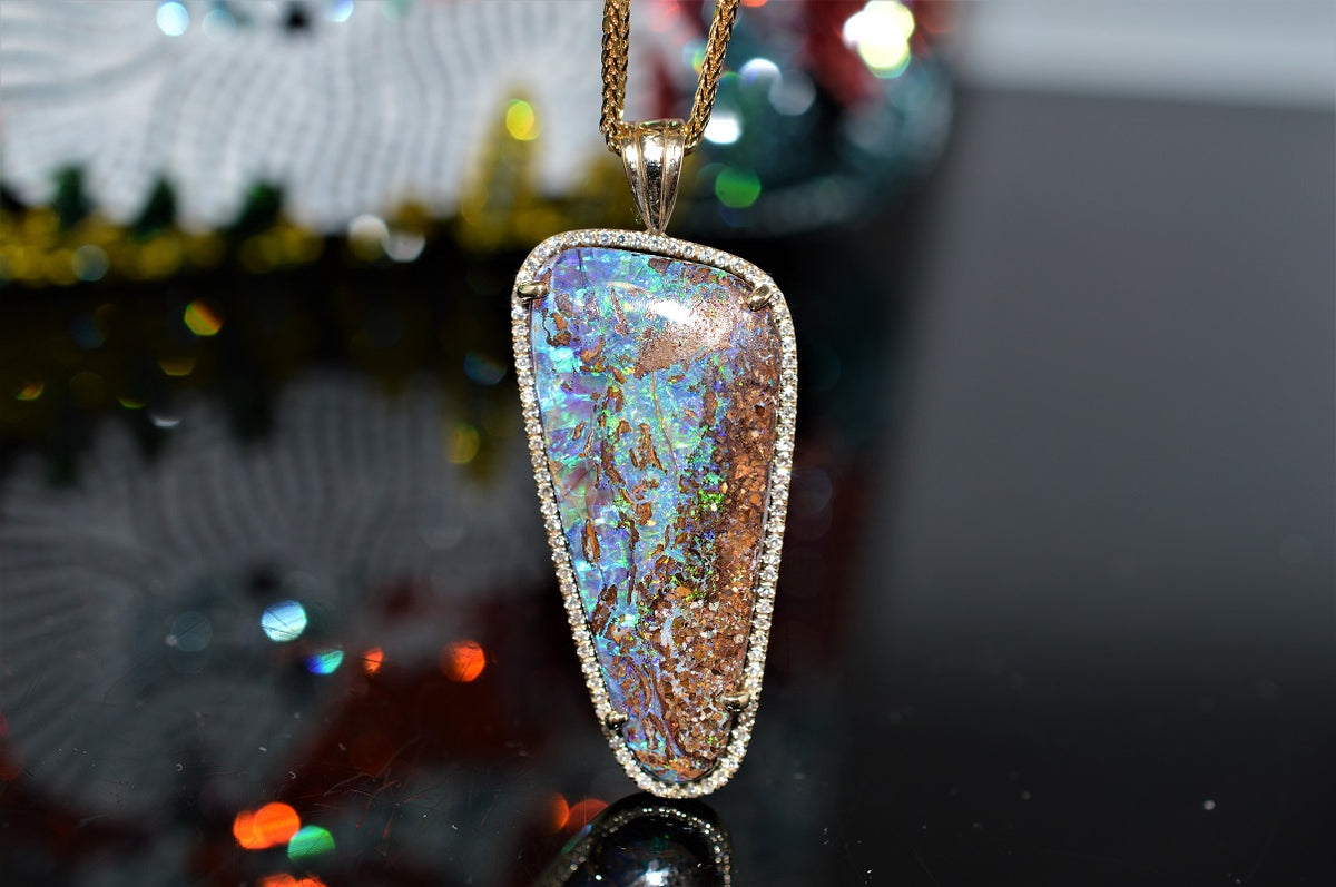 14K Freeform Boulder Opal and Diamond Pendant