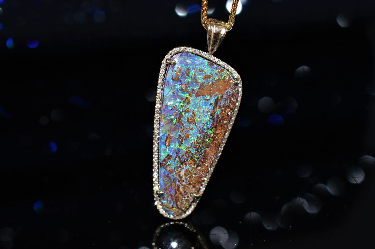 14K Freeform Boulder Opal and Diamond Pendant