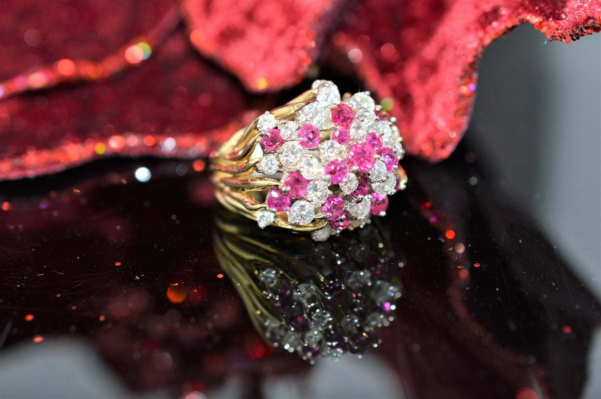 18K Two Tone Ruby And Diamond Cluster Ring