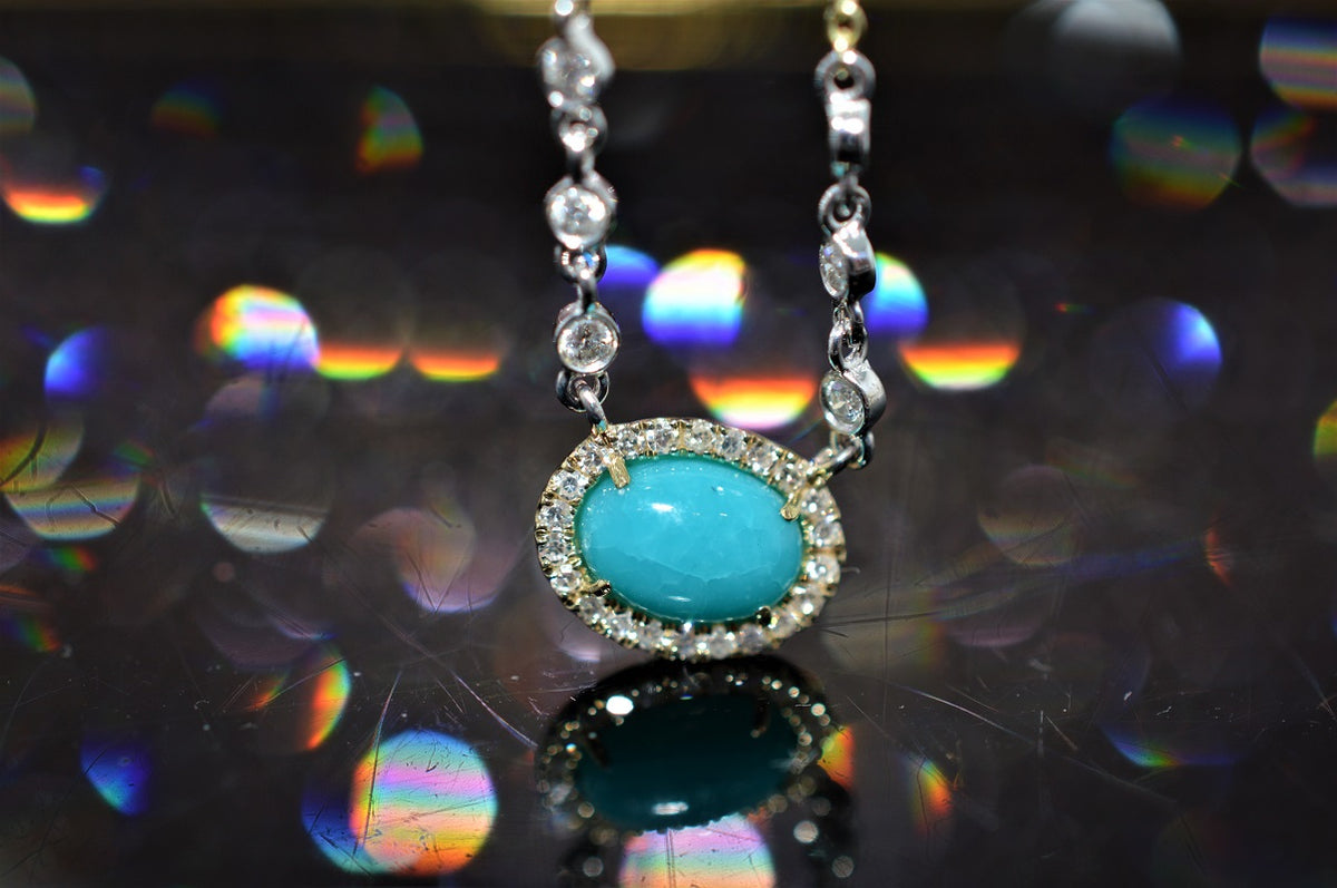 14K Two Tone Turquoise and Diamond Adjustable Necklace