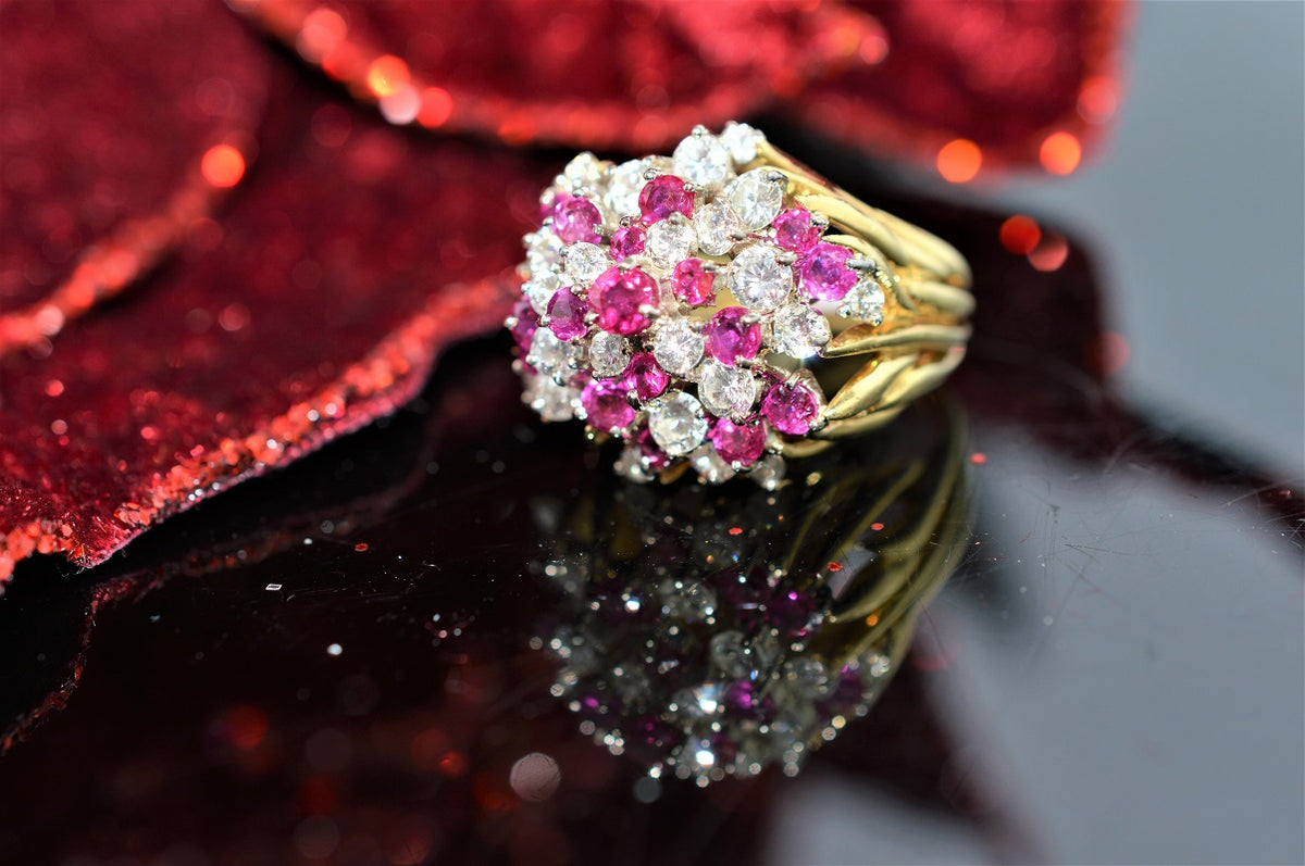 18K Two Tone Ruby And Diamond Cluster Ring