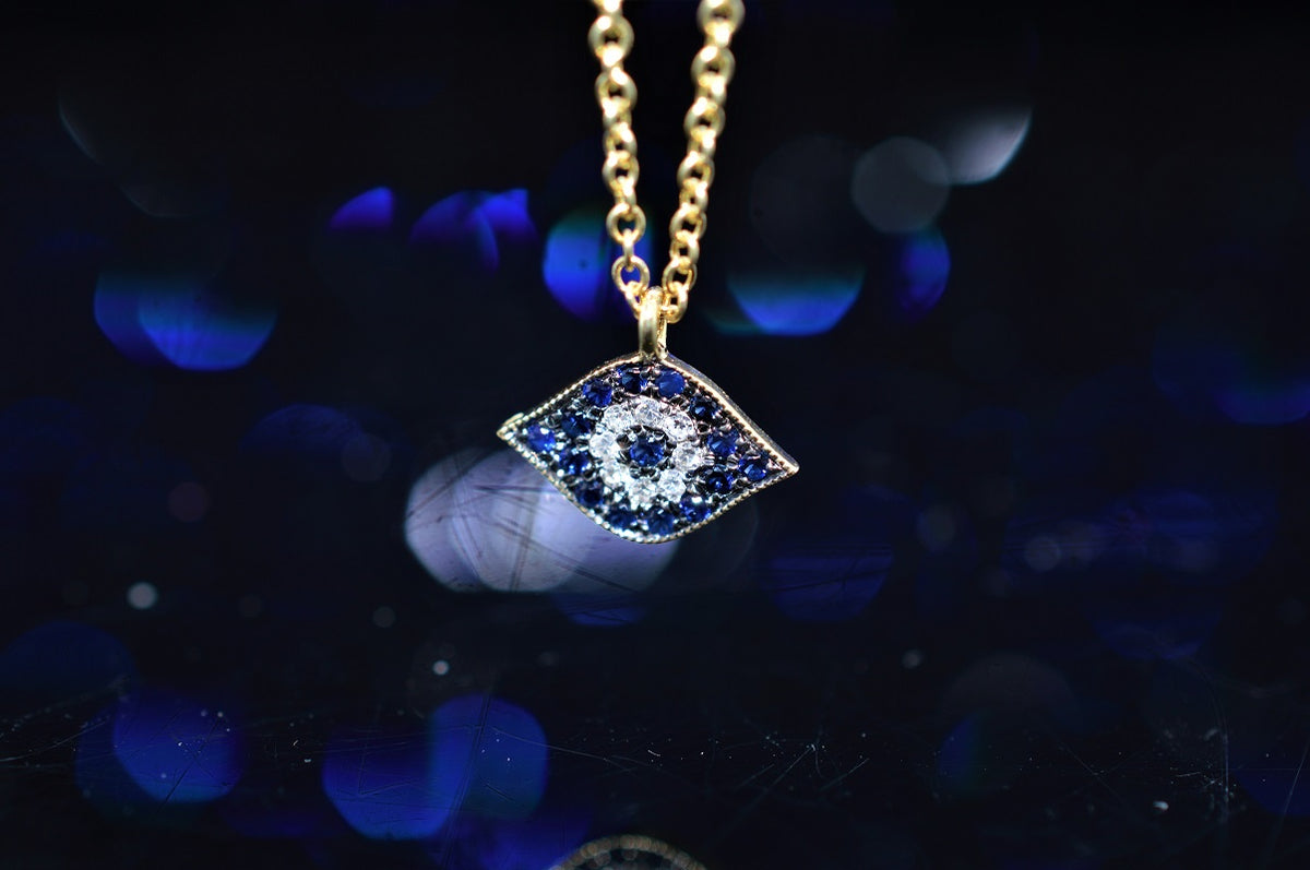 14K Yellow Gold Diamond and Sapphire Evil Eye Necklace