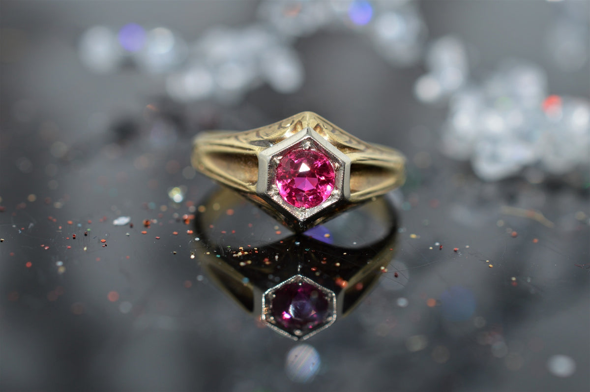18K &amp; 14K Yellow and White Gold Vintage Synthetic Ruby Ring