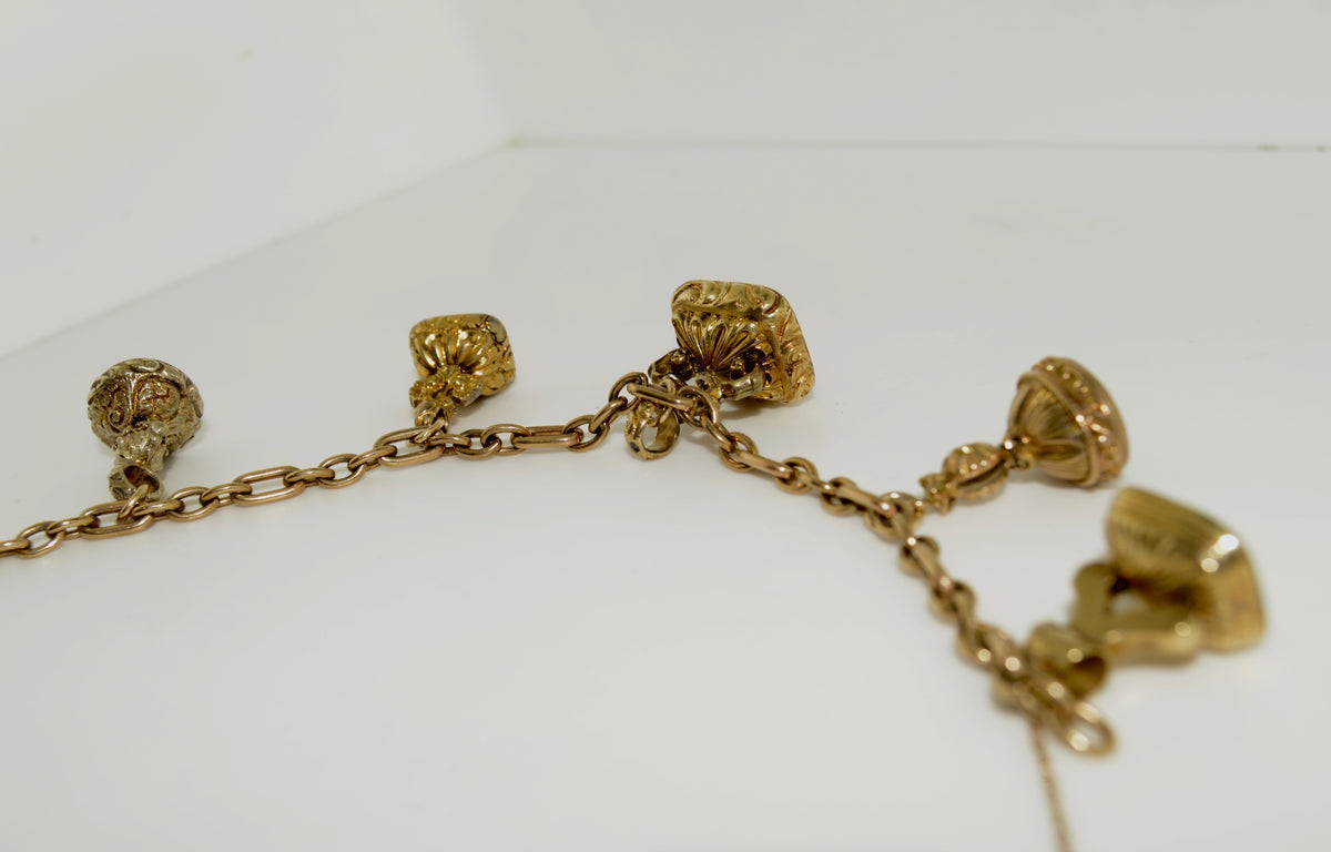 10K Yellow Gold Antique Watch Fob Five Charm Bracelet