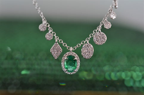 14K White Gold Oval Emerald and Diamond Charm Necklace