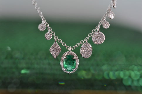 14K White Gold Oval Emerald and Diamond Charm Necklace