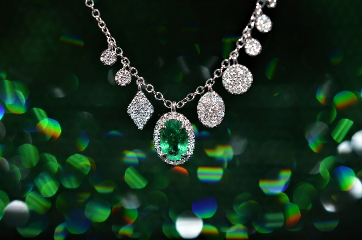 14K White Gold Oval Emerald and Diamond Charm Necklace