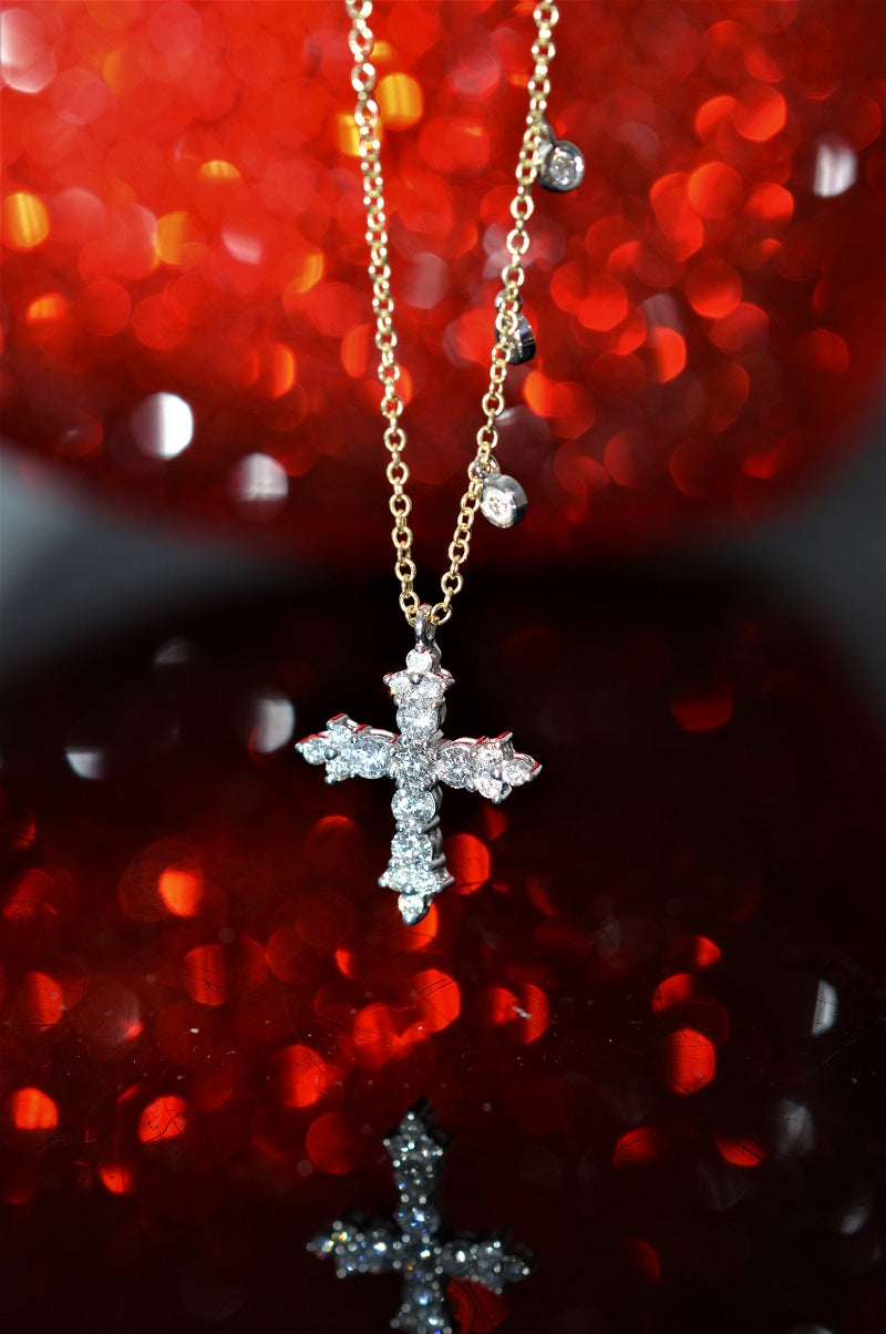 14K Two Tone Diamond Cross and Charm Adjustable Necklace