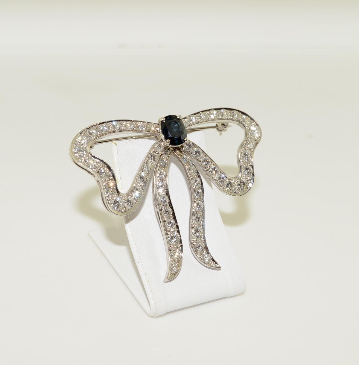 14K White Gold Diamond and Genuine Sapphire Bow Brooch