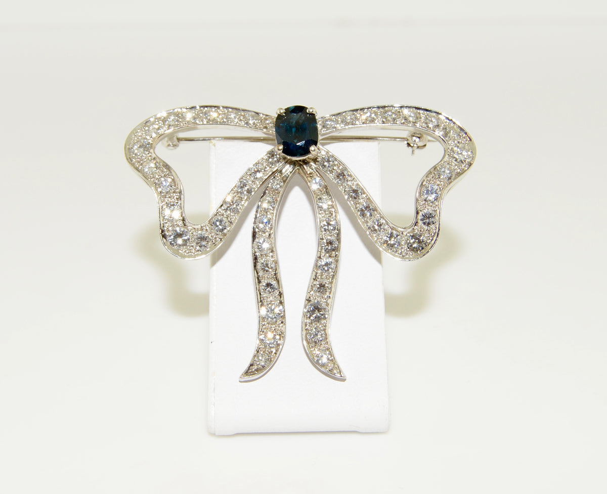 14K White Gold Diamond and Genuine Sapphire Bow Brooch