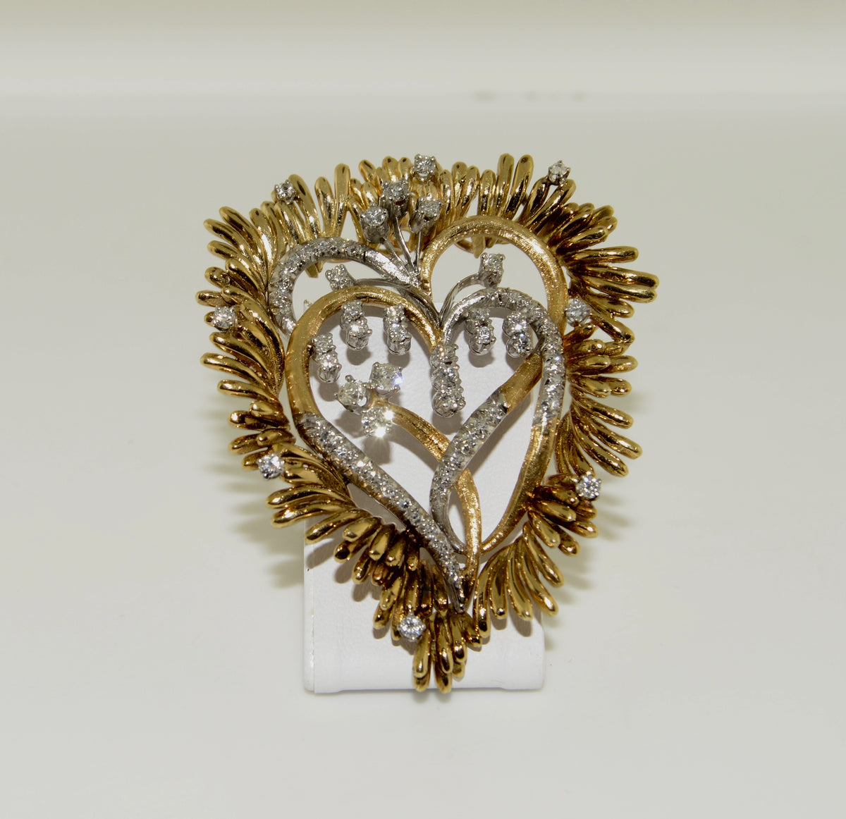 18K Two Tone Double Heart Pendant and Pin with Diamonds