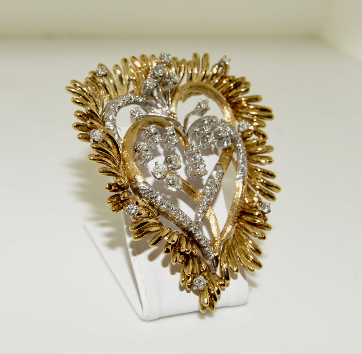 18K Two Tone Double Heart Pendant and Pin with Diamonds