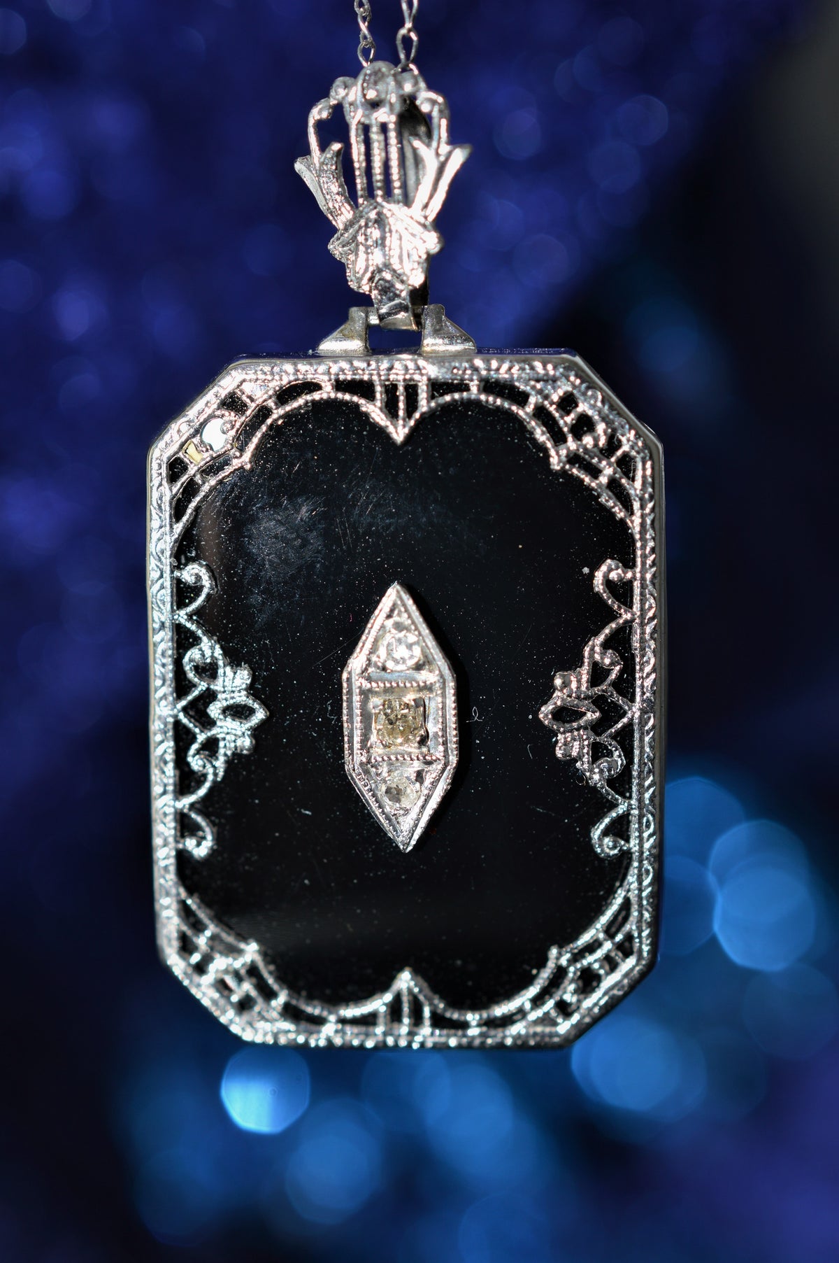 14K White Gold Antique Diamond and Black Onyx Necklace