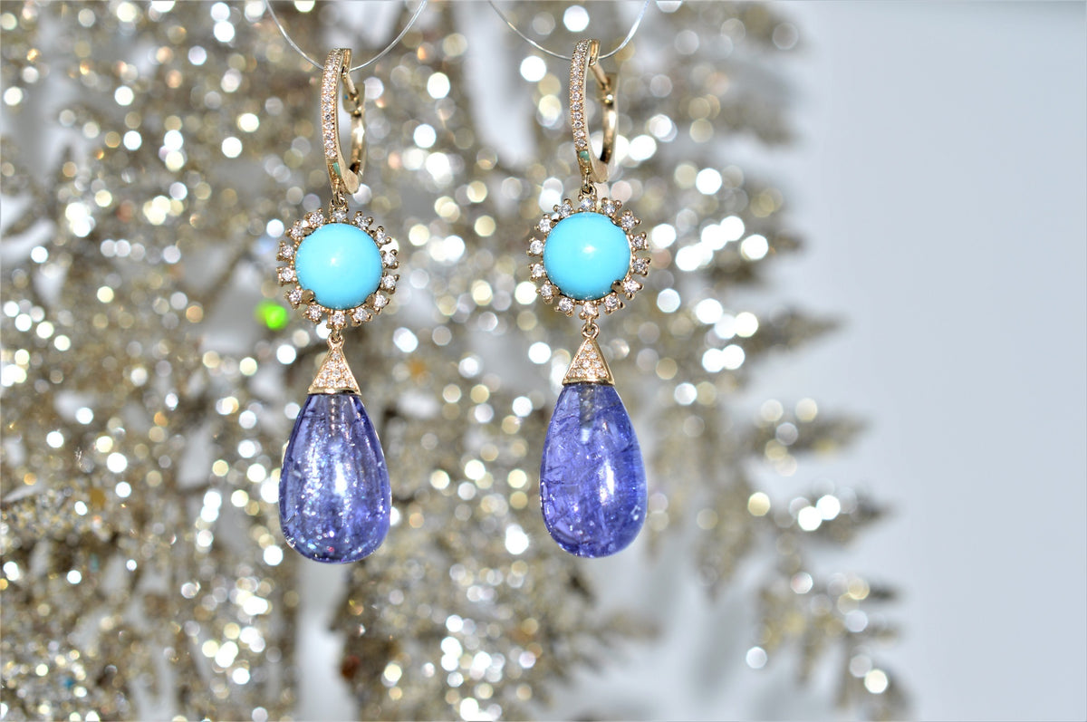 14K Yellow Gold Turquoise, Tanzanite, and Diamond Earrings