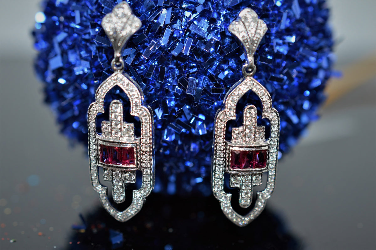 18K White Gold Art Deco Inspired Diamond And Ruby Earrings