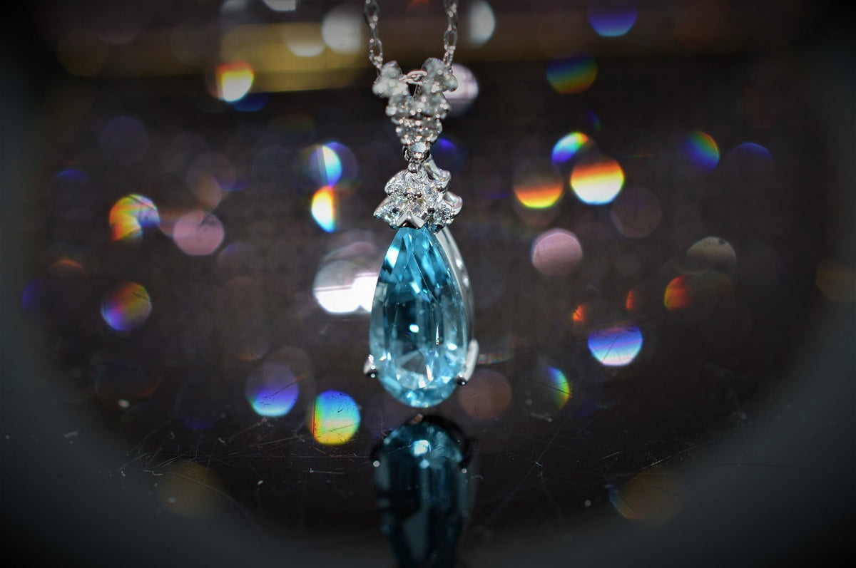 14K White Gold Teardrop Blue Topaz and Diamond Pendant