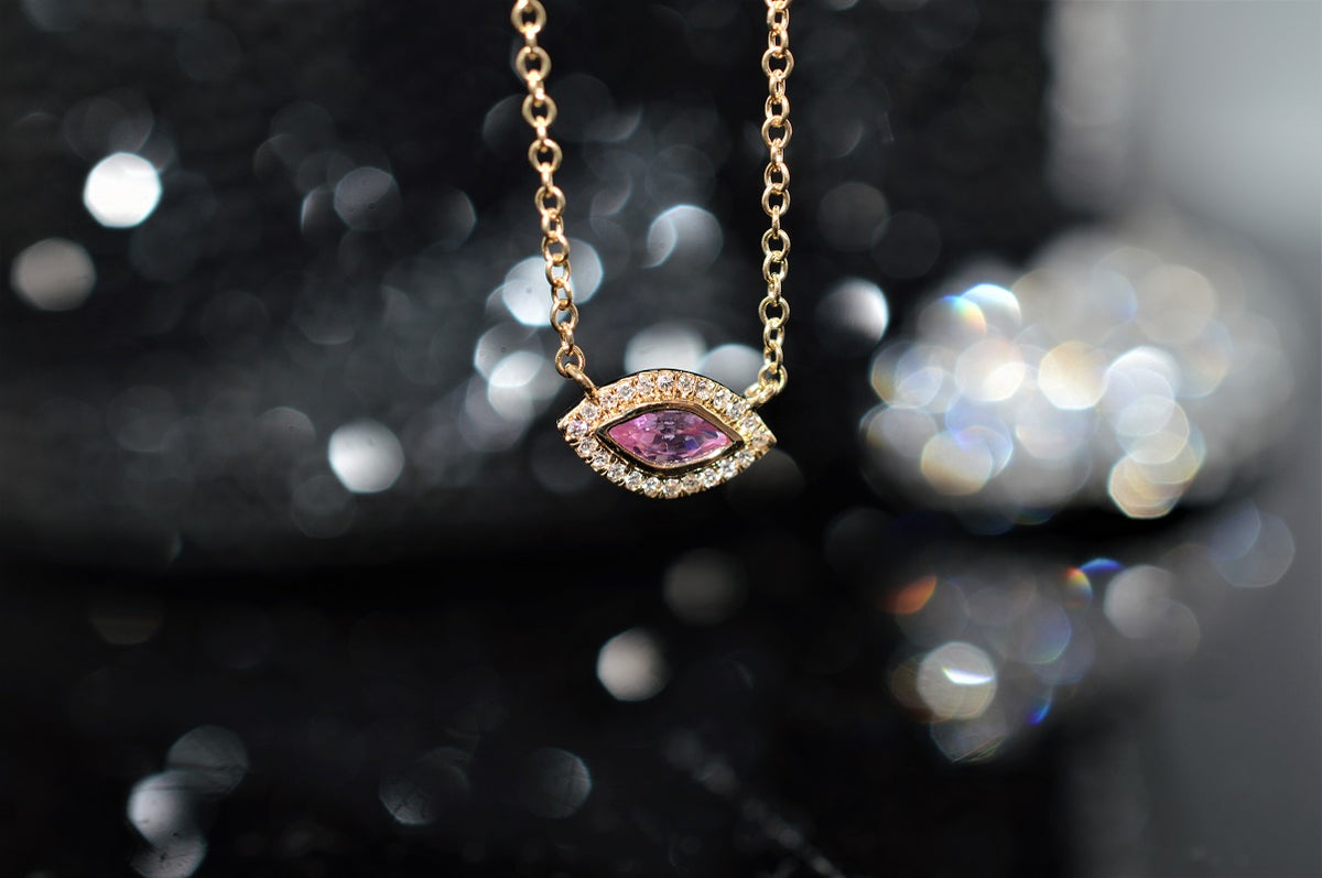 14K Yellow Gold Adjustable Pink Sapphire Evil Eye Pendant