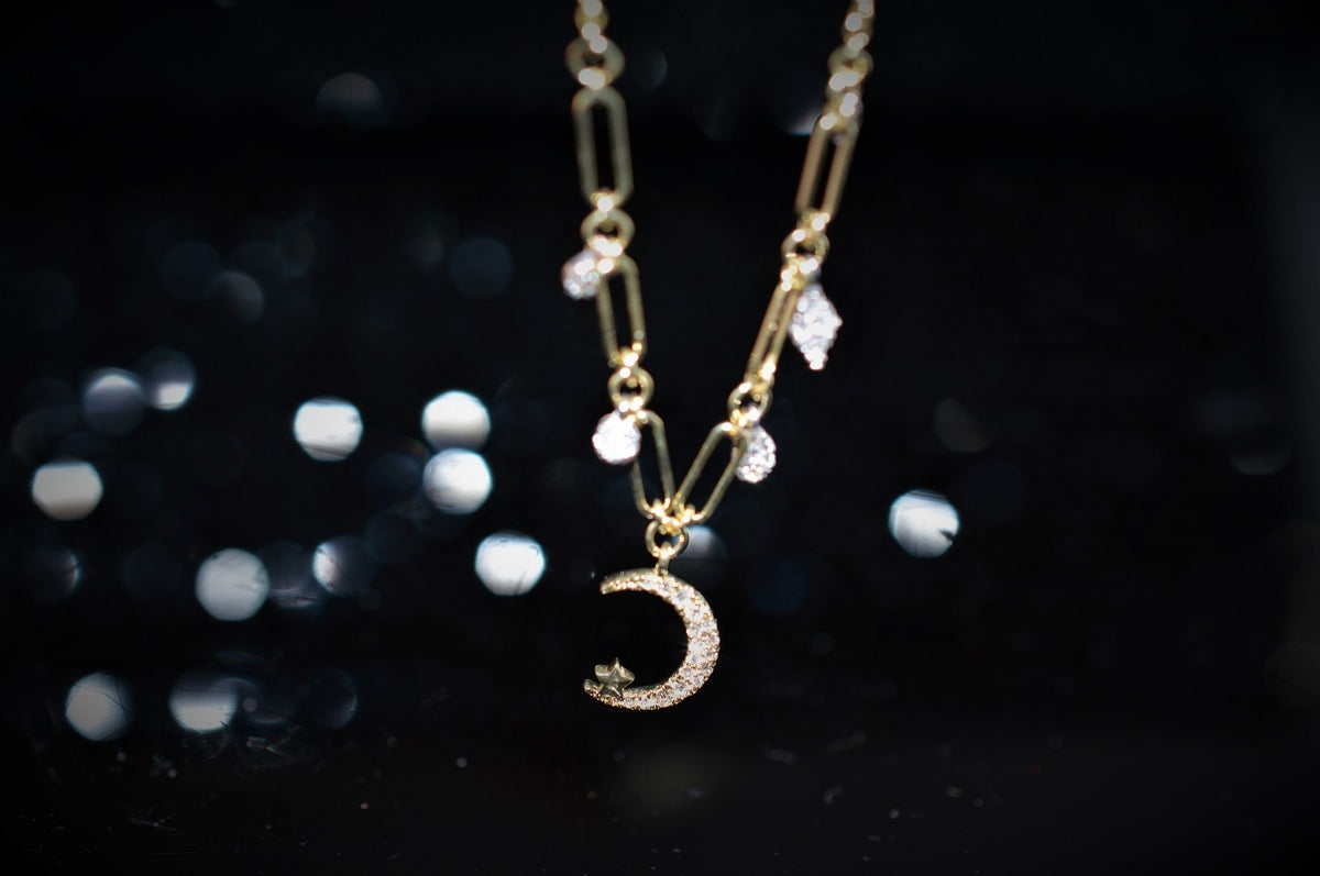 14K Two Tone Adjustable Diamond Moon and Star Charm Necklace