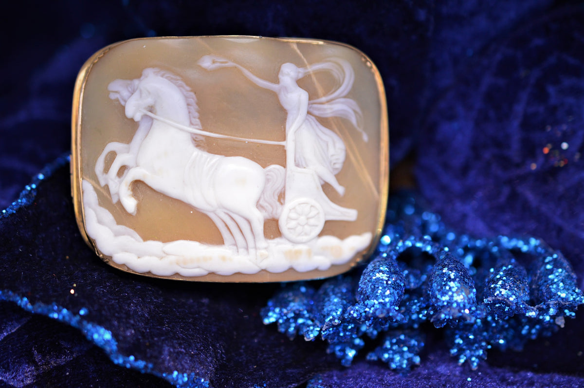 14K Yellow Gold Rectangular Shell Cameo Brooch with Chariot
