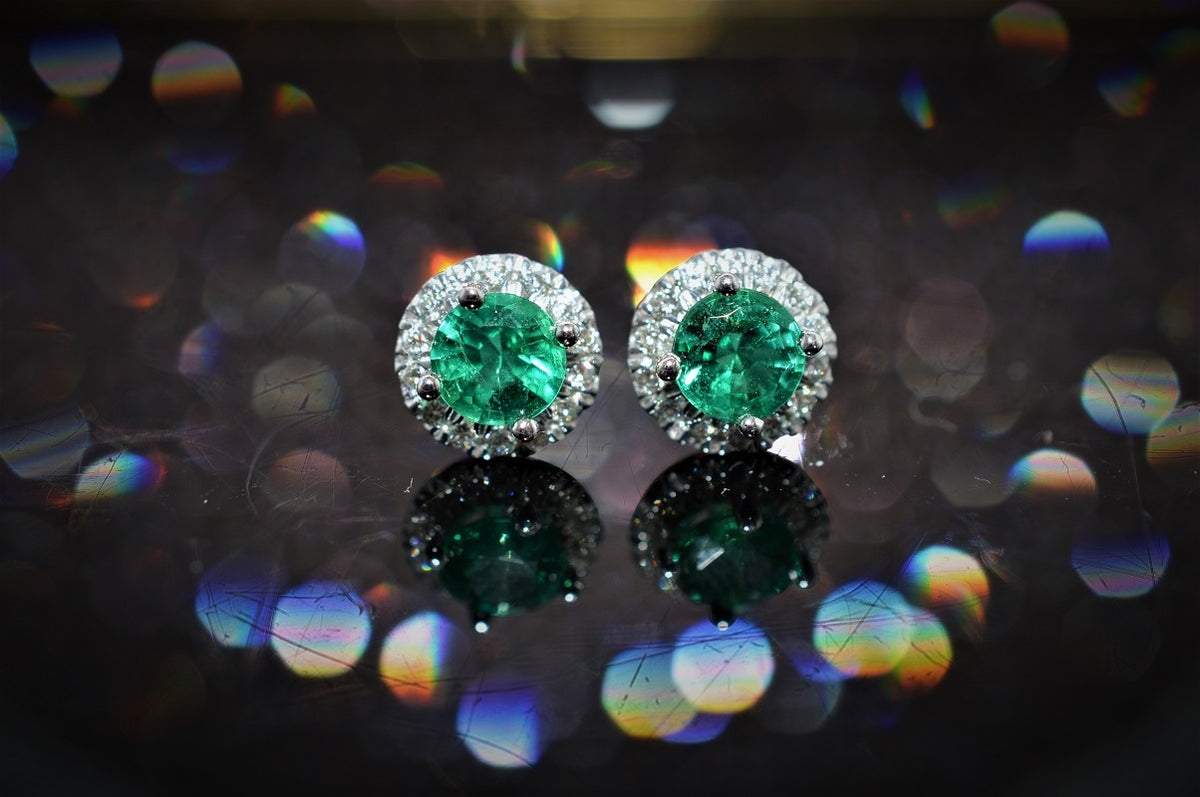 14K White Gold Round Emerald and Diamond Stud Earrings