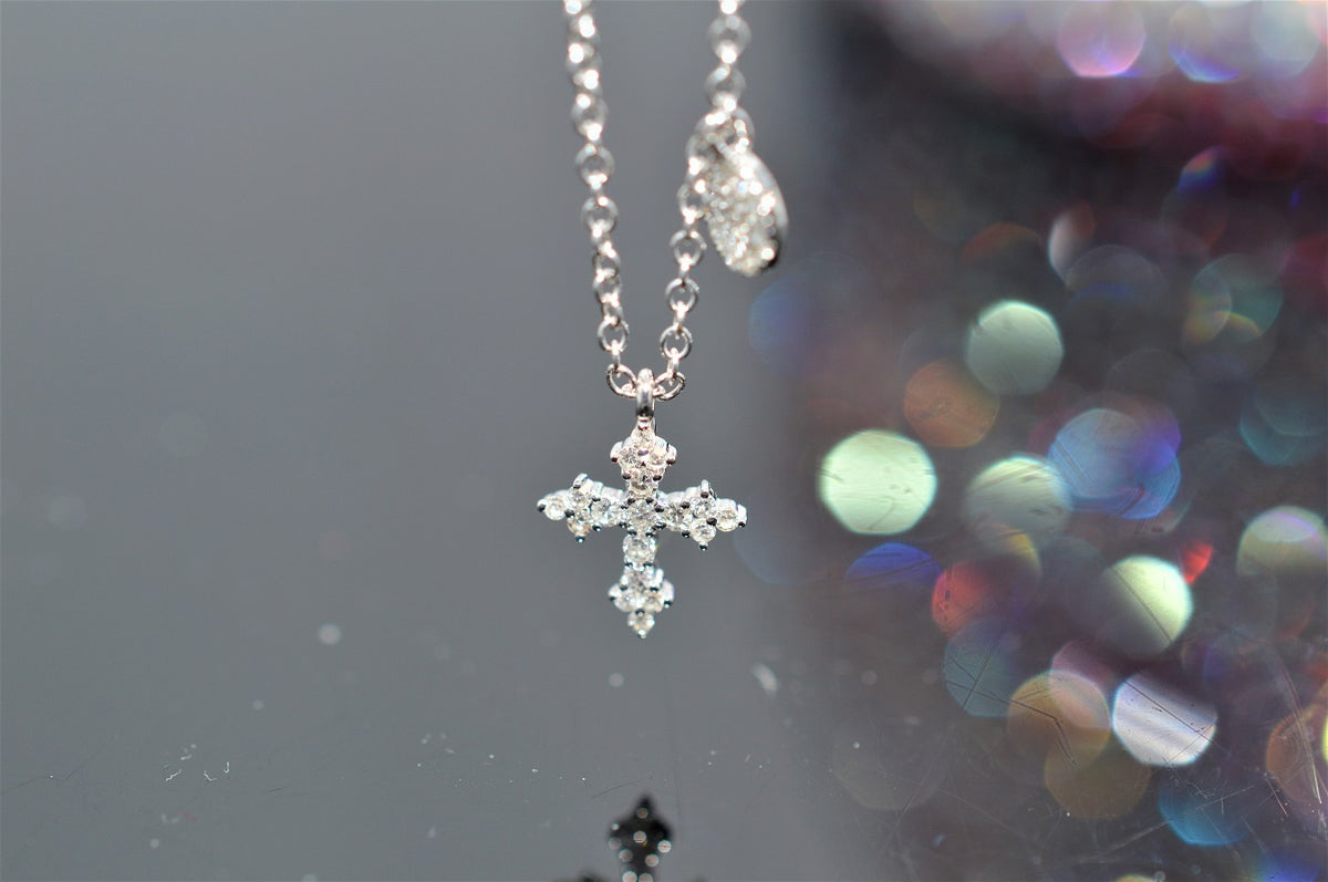 14K White Gold Adjustable Diamond Cross and Charm Necklace
