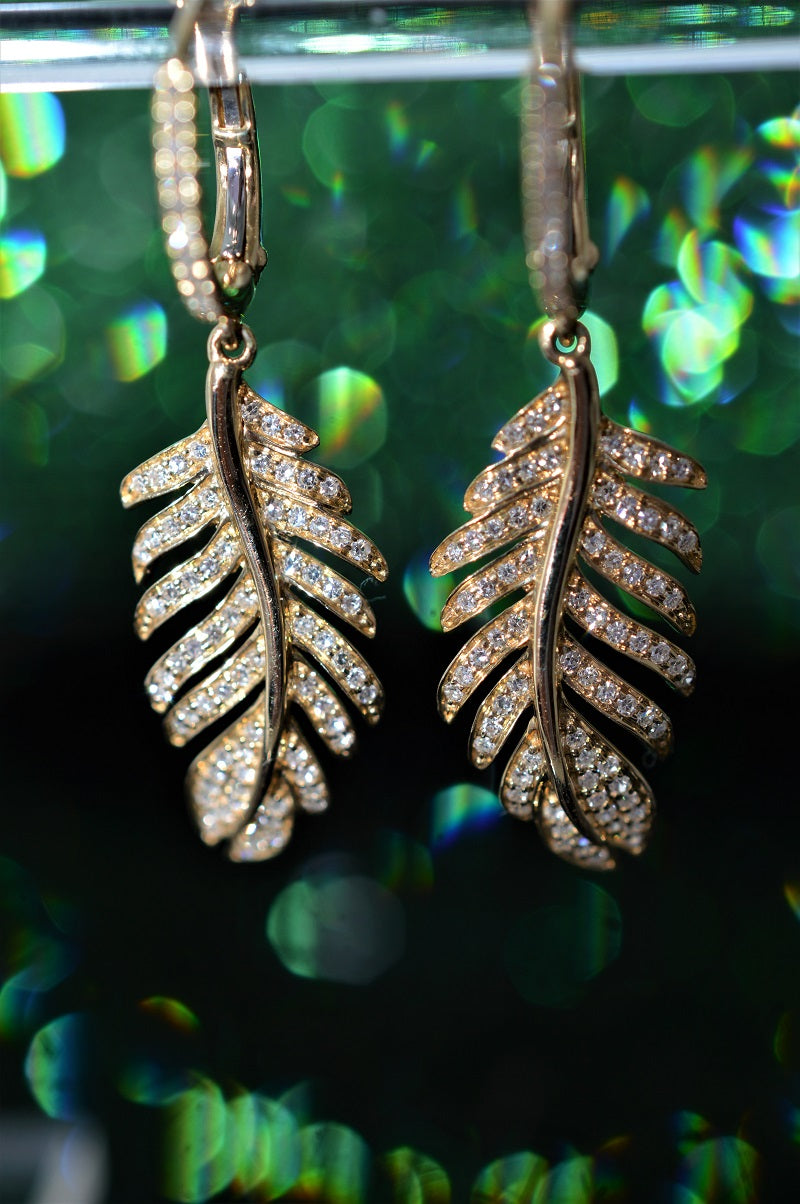 14K Yellow Gold Diamond Feather Dangle Earrings (0.52ctw)