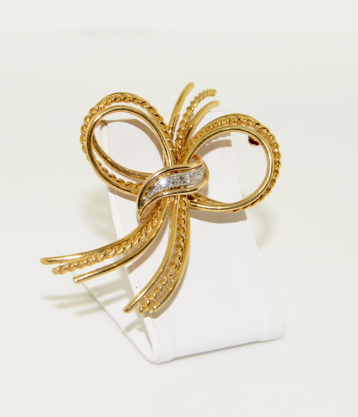 22K &amp; 14K Yellow and White Gold Diamond Ribbon Bow Brooch