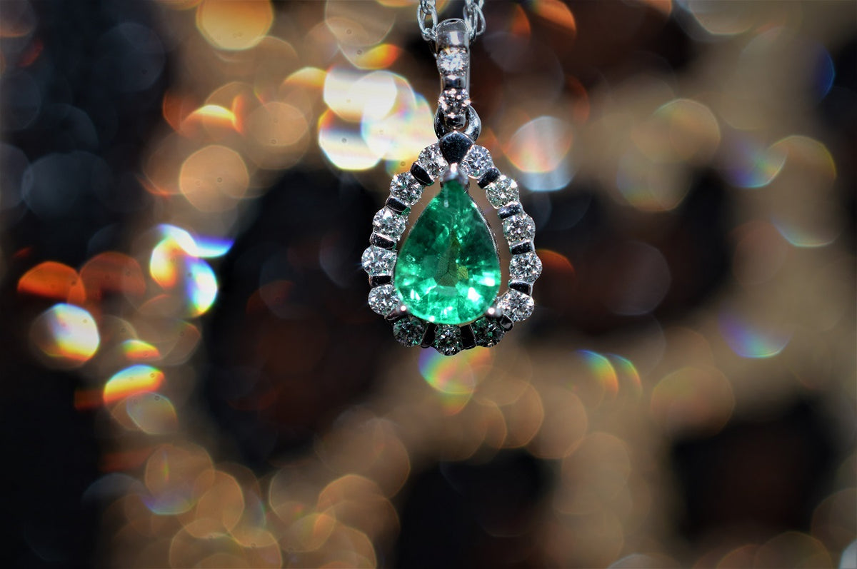 14K White Gold Teardrop Emerald and Diamond Pendant
