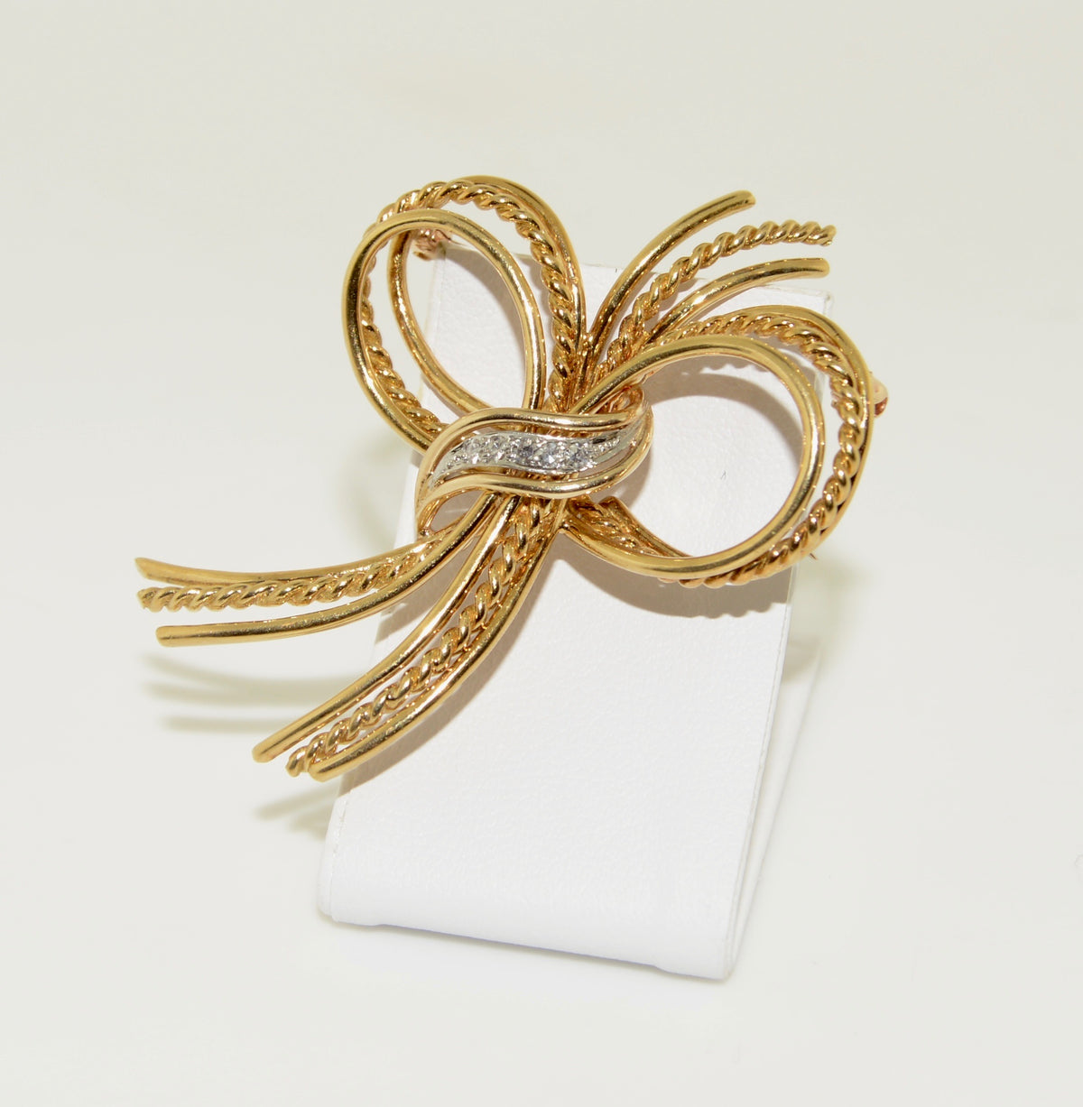 22K &amp; 14K Yellow and White Gold Diamond Ribbon Bow Brooch