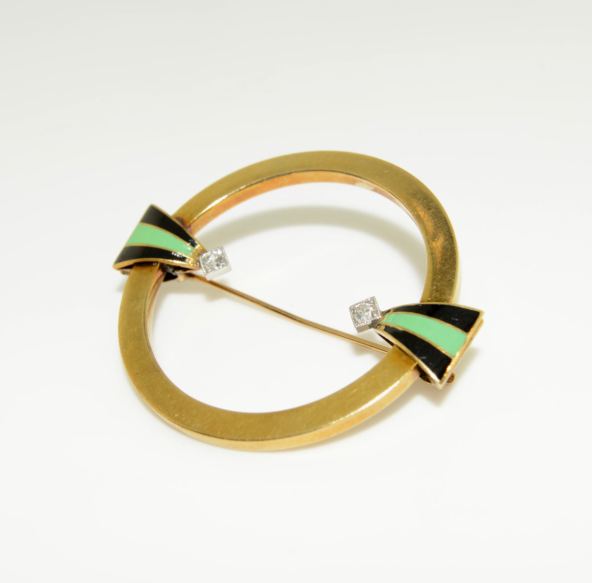 Yellow Gold Round Brooch with Enameling and Diamonds