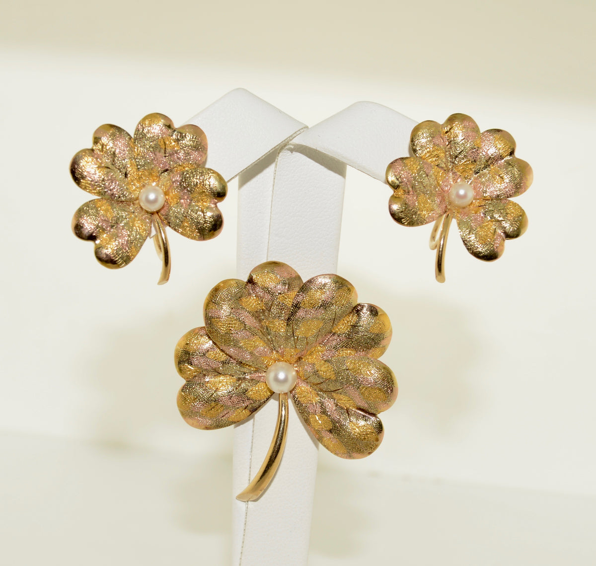Tri-Color Shamrock and Pearl Brooch and Earring Set