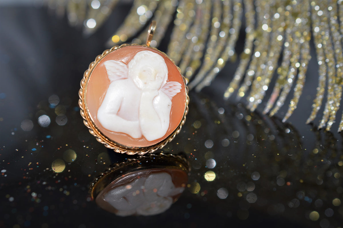 14K Yellow Gold Cherub Shell Cameo Gold Brooch and Pendant